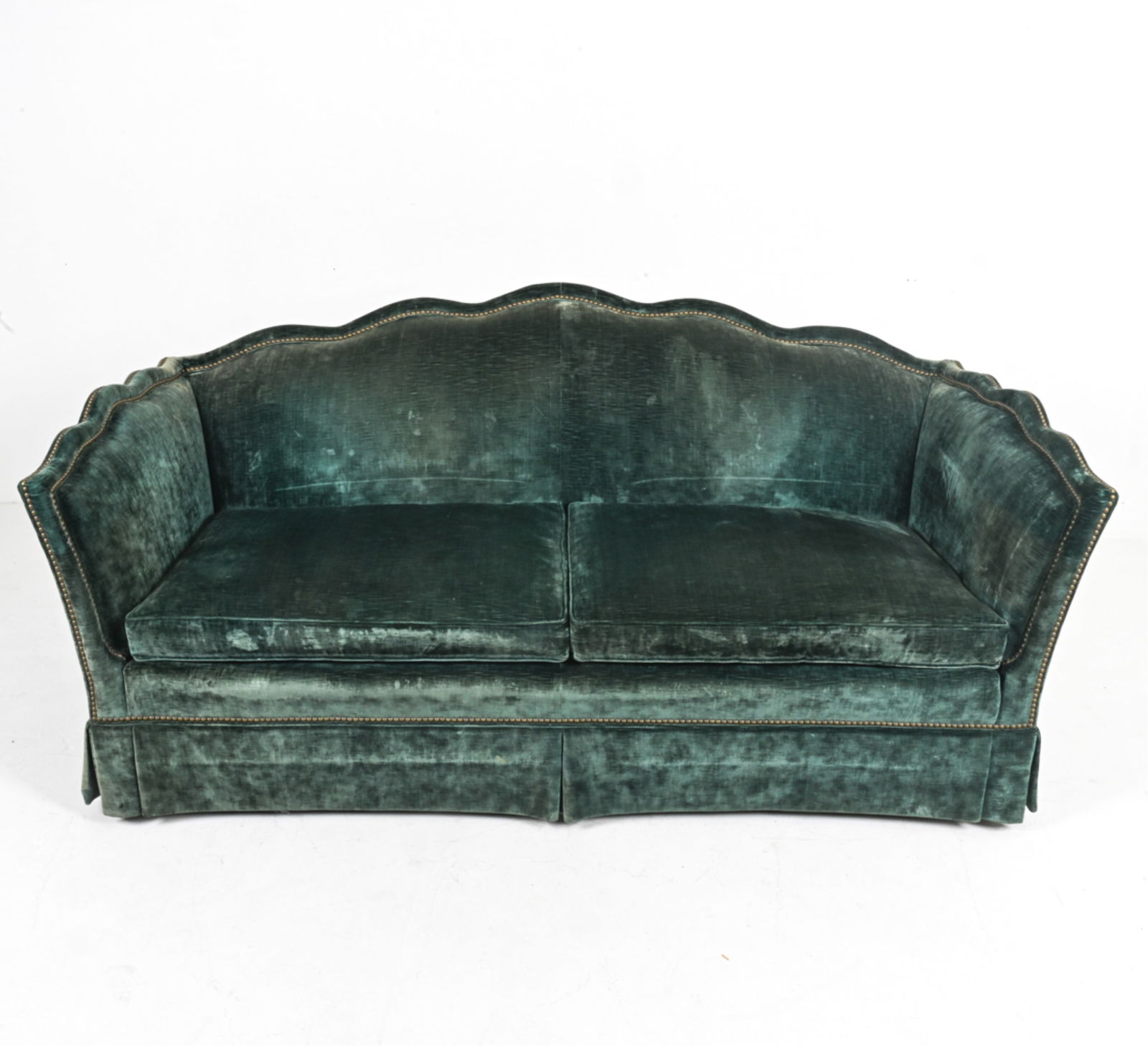 GREEN VELVET SOFA W/ BRASS TACKS IN ART DECO STYLE (1 of 12)