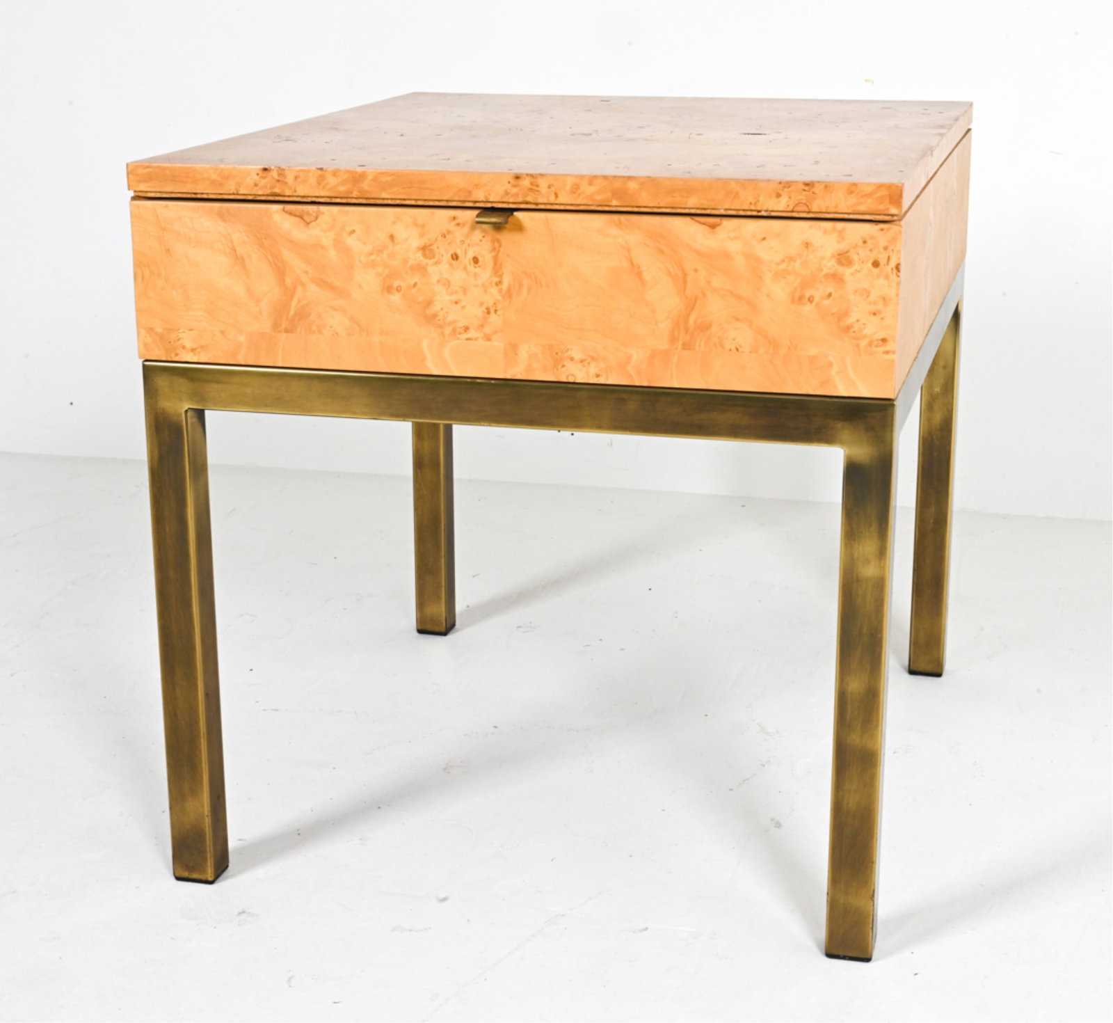 MODERN BURLWOOD & BRASS SIDE TABLE WITH DRAWER (1 of 12)