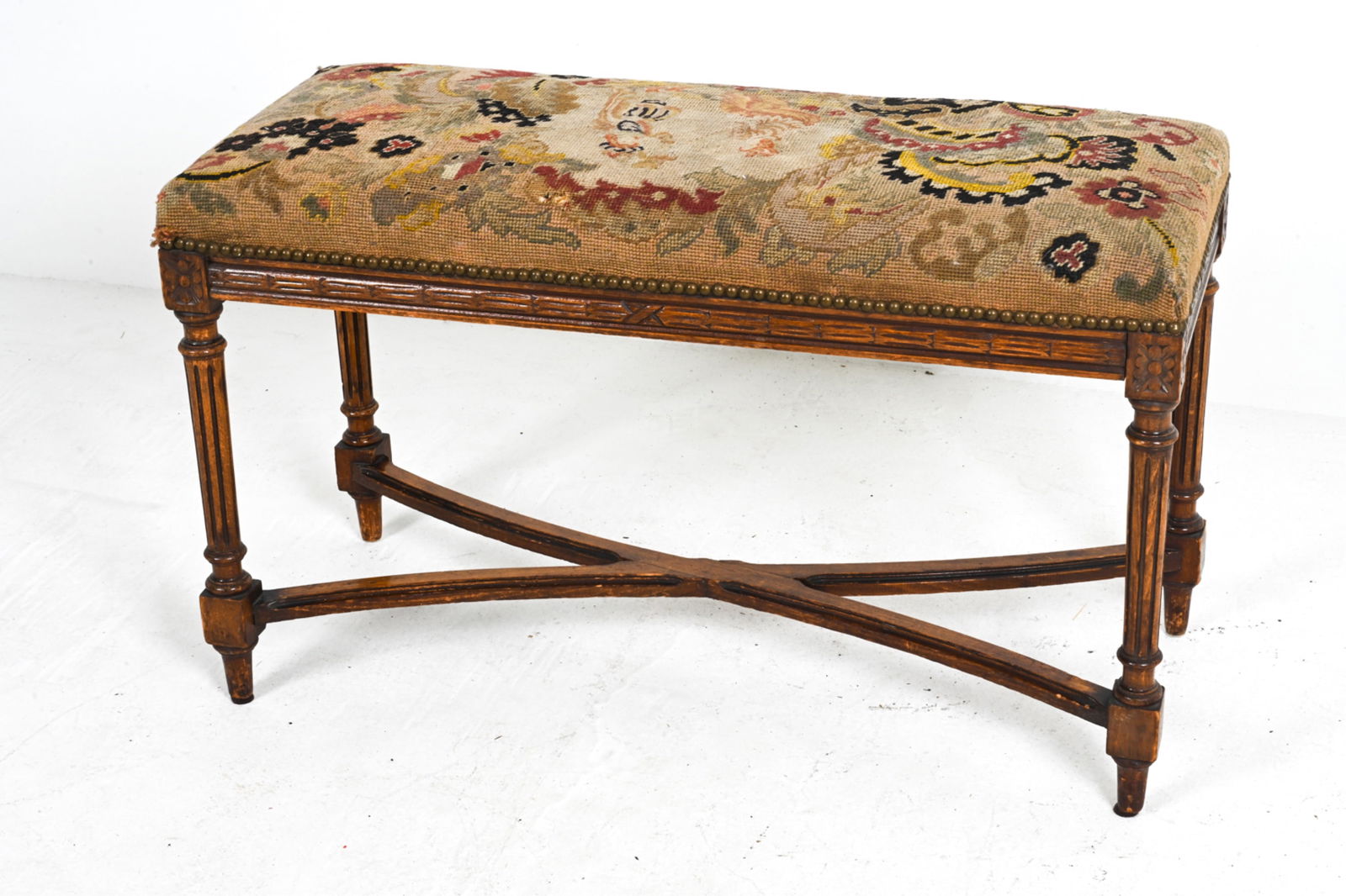 BENCH WITH ANTIQUE NEEDLEPOINT TAPESTRY SEAT (1 of 13)