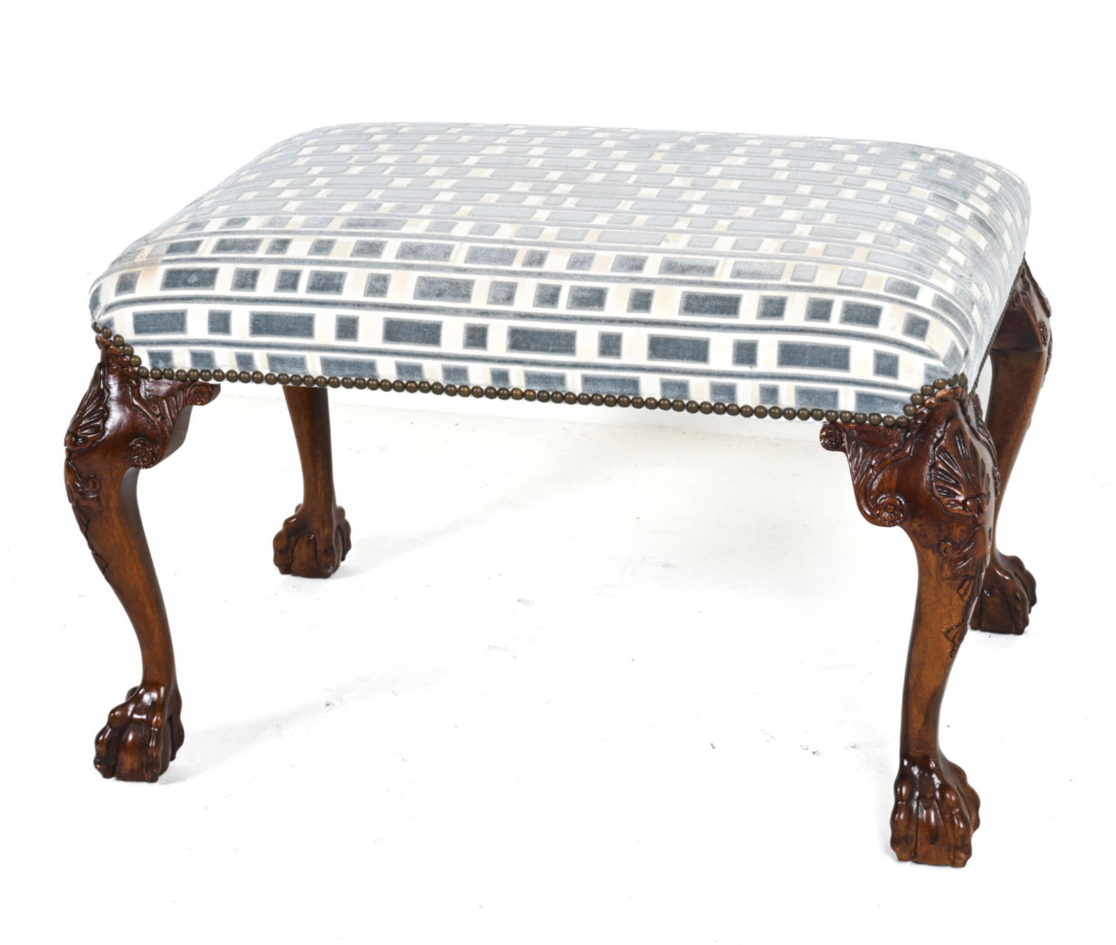 UPHOLSTERED MAHOGANY BALL & CLAW FOOT OTTOMAN (1 of 15)