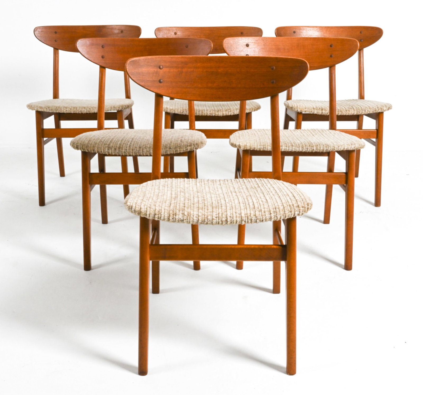 (6) TEAK DINING SIDE CHAIRS BY FARSTRUP C.1960'S: Signed 'BL' underneath seats, and numbered. Denmark. Dimensions: H 30.25" x W 18" x D 15" x SH 17.5". Condition: Some wear to fabric seats, minor scuffs and dings. A222