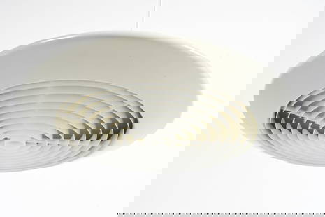 JO HAMMERBORG FOG & MORUP 'DISKOS' SPACE AGE LIGHT: Space Age "saucer' shaped pendant light in aluminum. Model "Diskos", designed by Jo Hammerborg for Fog & Morup, Denmark, c. 1970's. Dimensions: H 3.75" x Dia. 18.75". Condition: Wire cut, requries rew