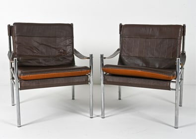 PAIR OF CHROME & LEATHER LOUNGE CHAIRS, 1970'S
