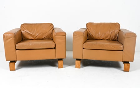 PAIR OF BRUTALIST OAK & LEATHER CLUB CHAIRS