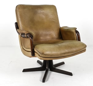 LEATHER AND BEECH SWIVEL ARMCHAIR BY BERG