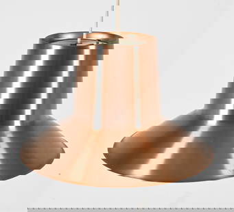 SPACE AGE PENDANT LAMP BY SVEND MIDDELBOE: Aluminum with copper finish. Produced by Nordisk Solar. Denmark, c. 1970's. Dimensions: H 8.5" x Dia. 14". Condition: No ceiling canopy present; possibly missing interior diffuser. Wiring not tested.