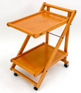 ITALIAN MODERN NUCCI VALSECCHI SERVING TROLLEY: Vintage Modernist "Clic Clac" serving/bar cart by Italian designer Nucci Valsecchi. Features two tiers, cantilevered and on casters. Dimensions: H 30.5" x W 18.5" x D 25.5" Condition: Minor surface we