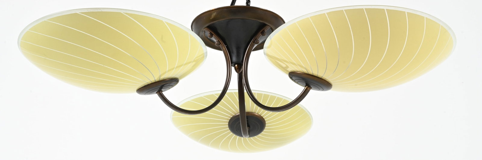 DUTCH SEMI-FLUSH MOUNT CHANDELIER, C. 1950'S: Unusual Mid-Century three-light chandelier in etched glass and bronze-finished metal. Netherlands, c. 1950's. Dimensions: H 7" x Dia. 23.5". Condition: Wiring untested. Some surface scratches to shade
