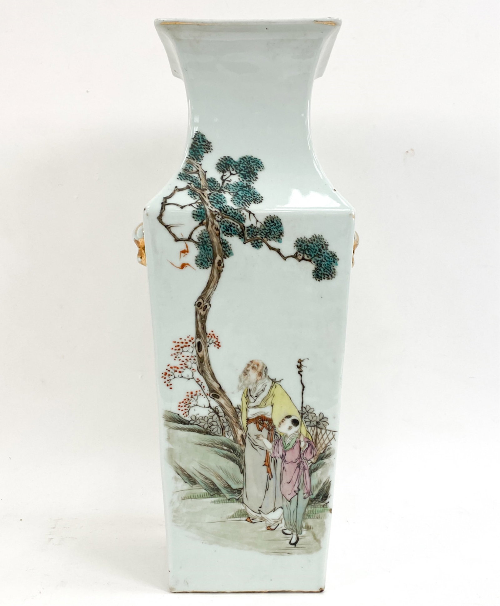 CHINESE PORCELAIN VASE: Squared baluster form with figures and inscription. With gilded faux handles. Unmarked. Dimensions: H 19" x W 7.5" x D 6.5" Condition: Wear to gilding, few glaze flaws.