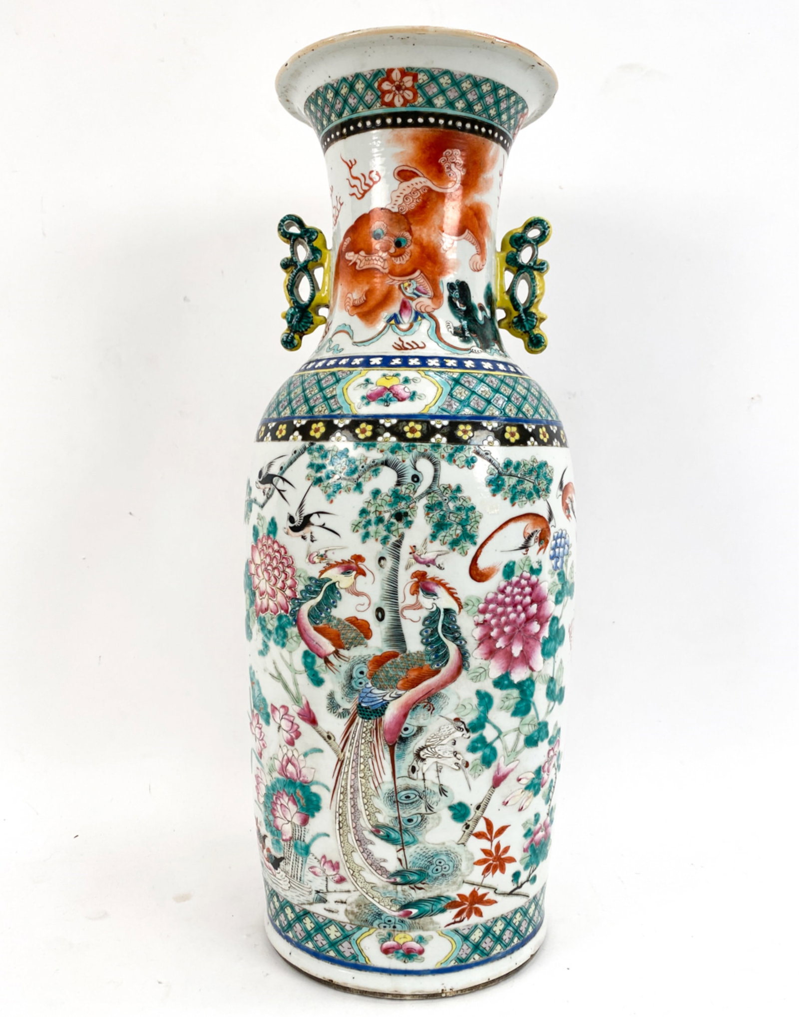ANTIQUE CHINESE PORCELAIN FLOOR VASE: Multi-colored with foo lion and baby foo lion motif. No markings underneath. Applied handles. Dimensions: H 24" x Dia 8.25" Condition: Hairline to interior of rim and repair to same area.