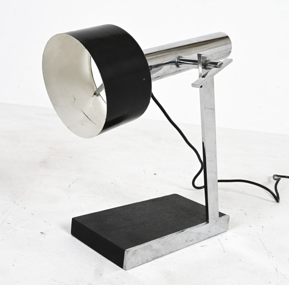 MANNER OF TARGETTI CHROME DESK LAMP: On painted wood base. In the style of Targetti Sankey, c. Mid-20th Century. Dimensions: H 15.5" x W 9" x D 5". Condition: Wiring untested. Minor paint loss, some light surface marks consistent with ag
