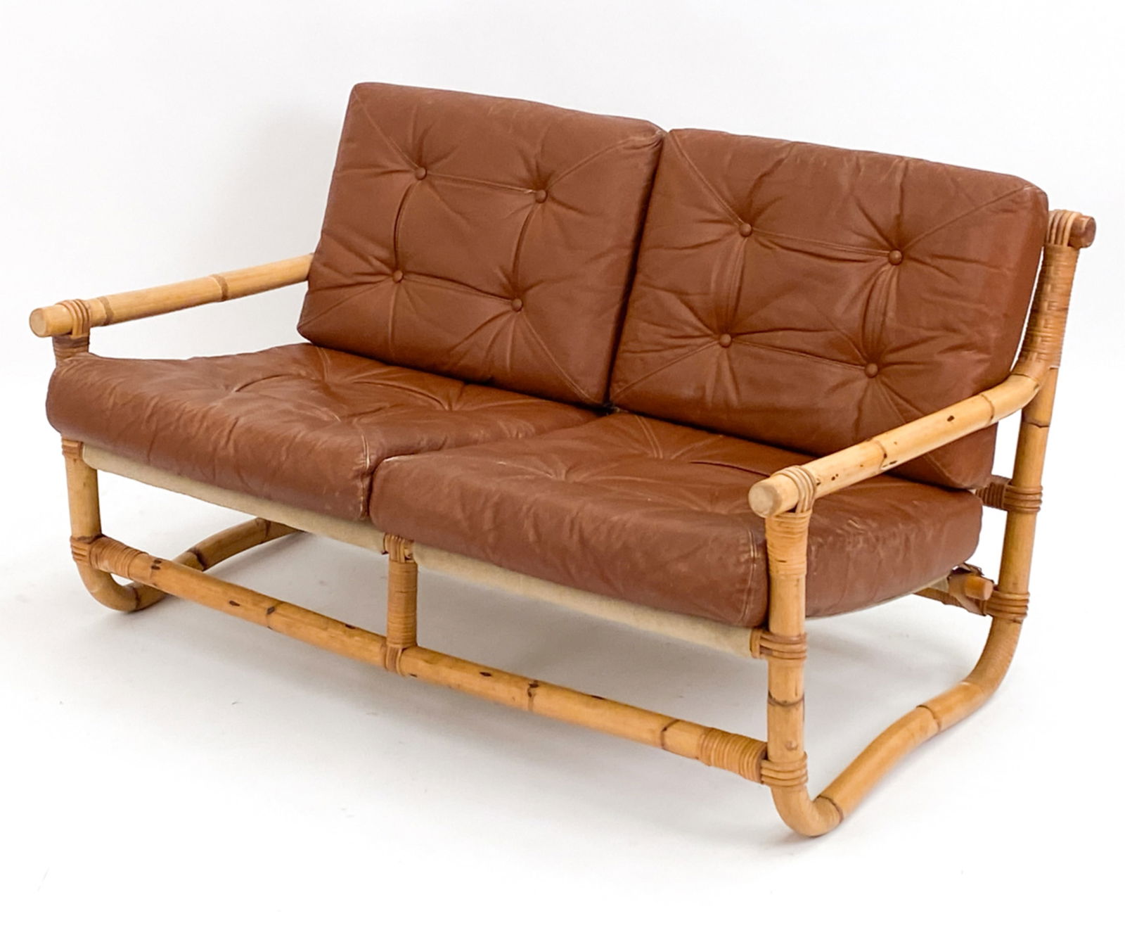 DANISH BAMBOO & LEATHER TWO SEAT SOFA C. 1970'S (1 of 13)