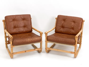 PAIR DANISH MODERN BAMBOO & LEATHER LOUNGE CHAIRS
