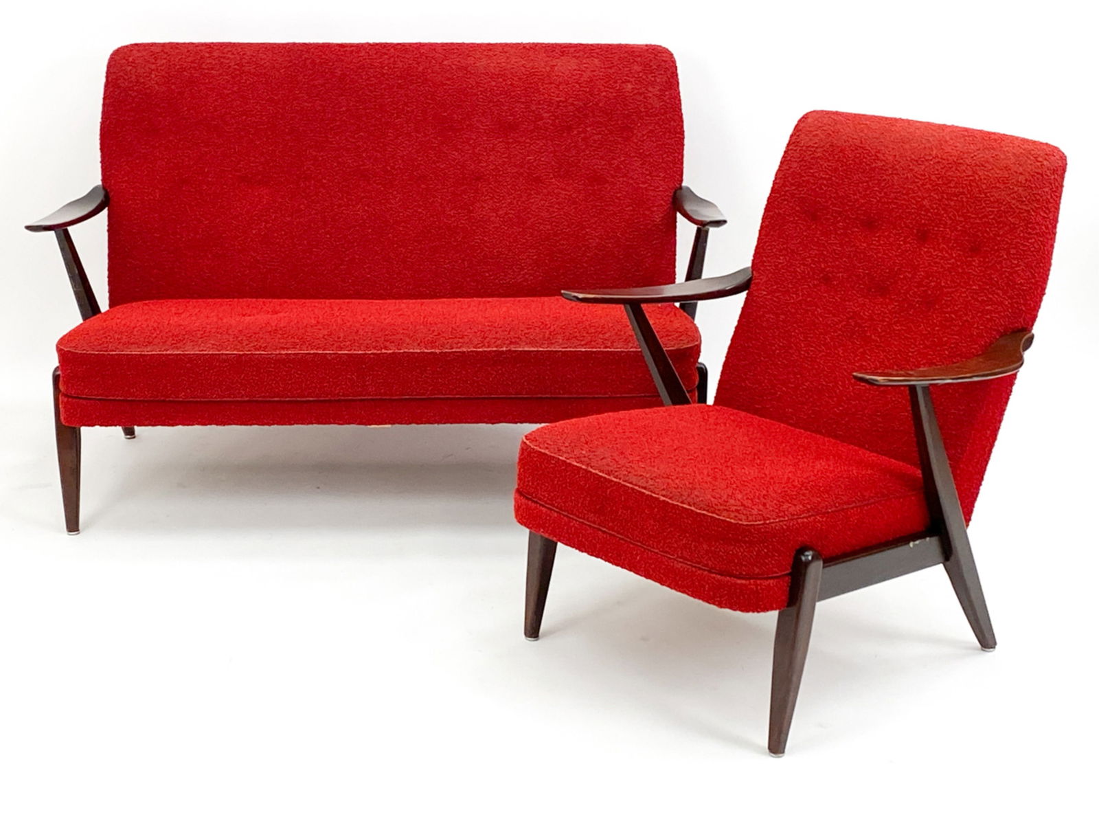 ATTR. ARNE VODDER DANISH BEECH SOFA & CHAIR: Stained Beechwood and upholstery. Removable seat cushions. Seems to be in original fabric. In the style of Arne Vodder. Circa 1960's. Dimensions: (Sofa) H 33" x W 54" x D 29" x SH 16" (Chair) H 33.5"