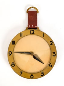 MID-CENTURY BRASS, GLASS & LEATHER HANGING CLOCK