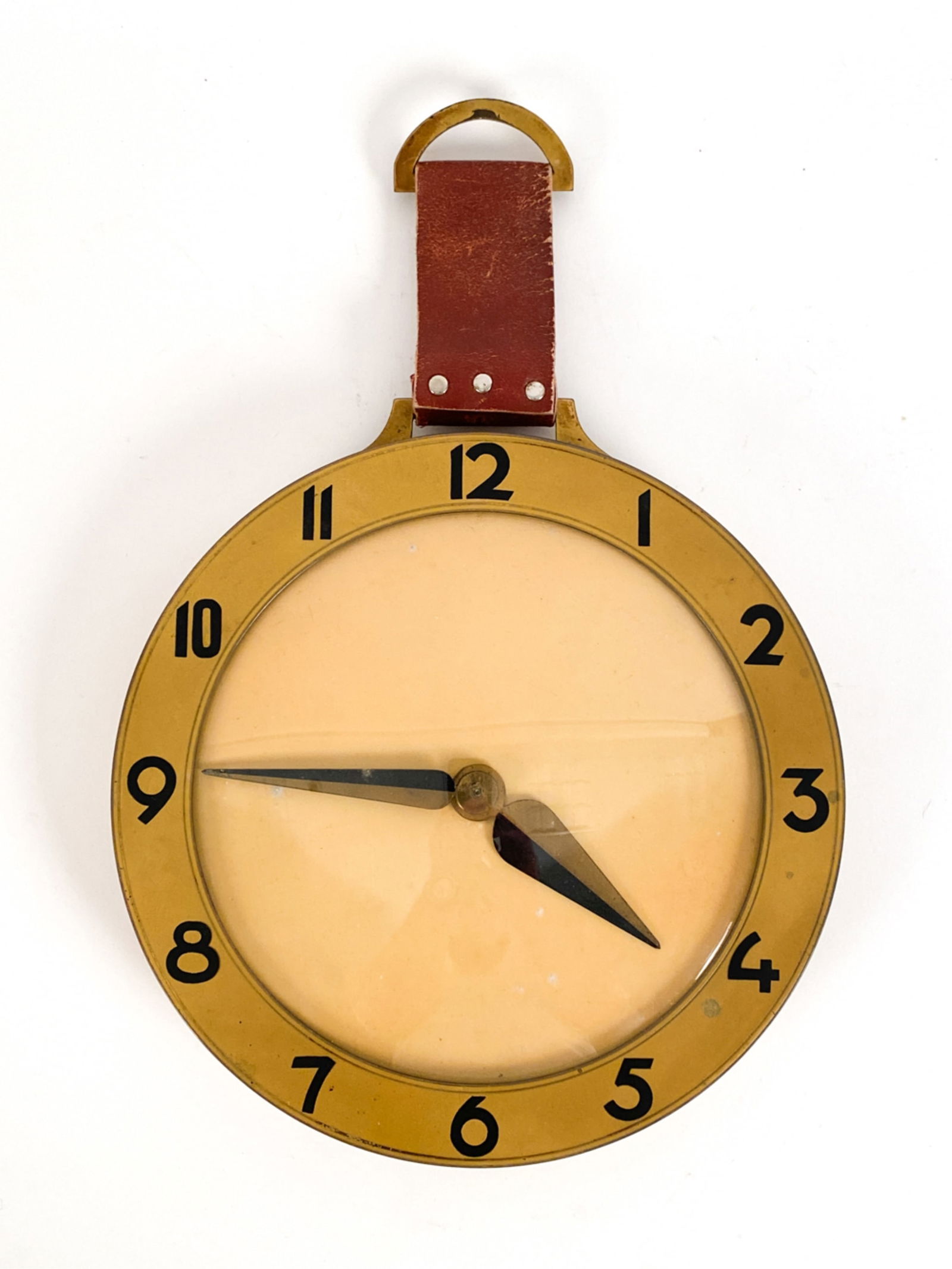 MID-CENTURY BRASS, GLASS & LEATHER HANGING CLOCK (1 of 8)