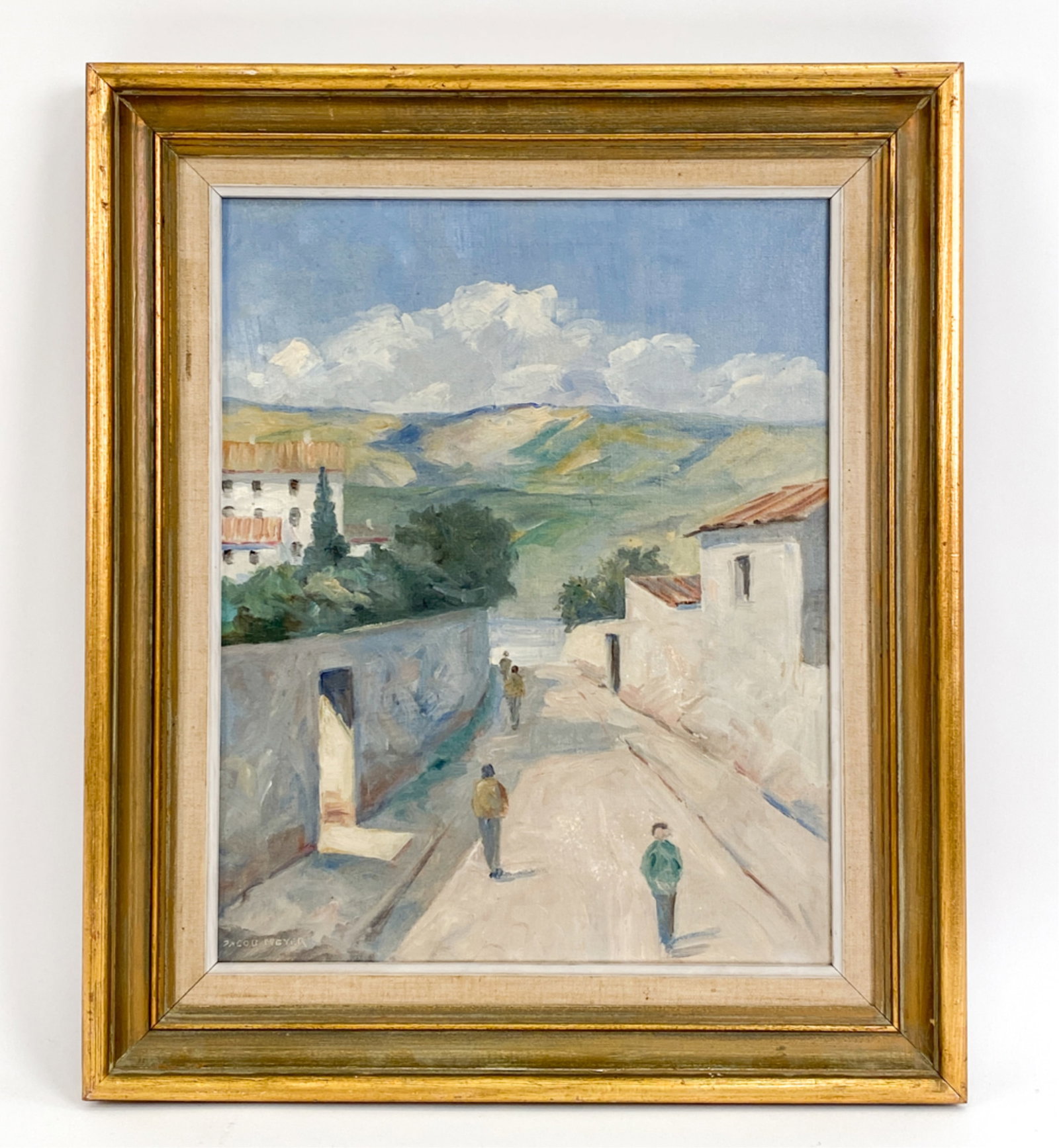 JACOB MEYER (DANISH 1895-1971) O/C: Signed lower left. Scene depicting a hillside town. Dimensions: (Frame) H 21" x W 17.75" (Canvas) H 16.25" x W 13" Condition: Couple small scattered marks.