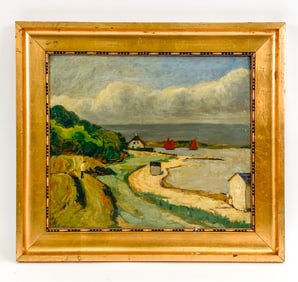MID-CENTURY DANISH OIL ON BOARD, BEACH SCENE