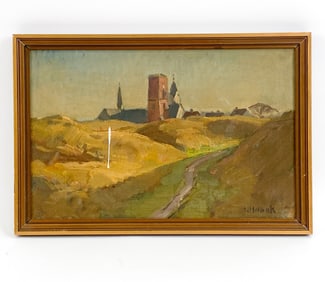 NIELS HOLBAK (DANISH, 1884-1954) FARMLAND O/C