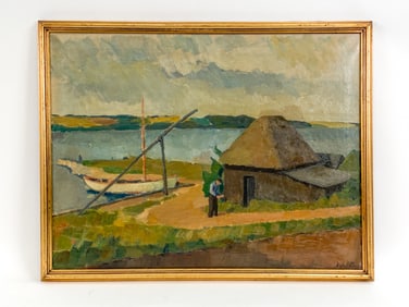 DANISH BOATHOUSE OIL ON CANVAS, SIGNED