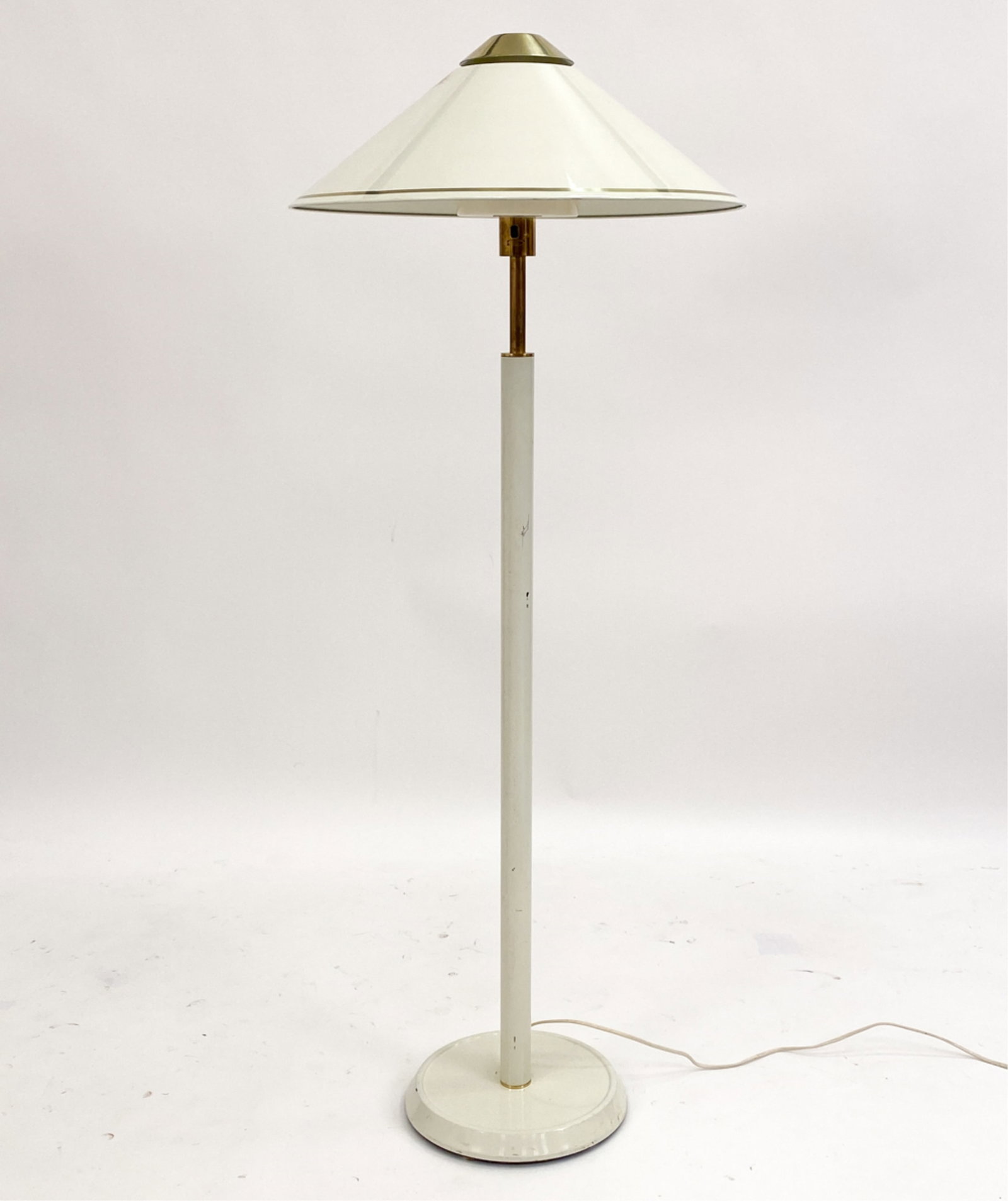 SCANDINAVIAN MODERNIST FLOOR LAMP: Modernist floor lamp. Apparently unmarked. Weighted base. Dimensions: H 57" x Dia. 22" Condition: Minor surface wear, scuffs, scratches and dings consistent with age and use. Plug has been cut off. Sh