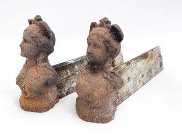PAIR OF ANTIQUE FIGURAL CASTIRON FIREDOGS