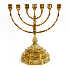 19TH C. BRASS 7-LIGHT TEMPLE MENORAH JUDAICA