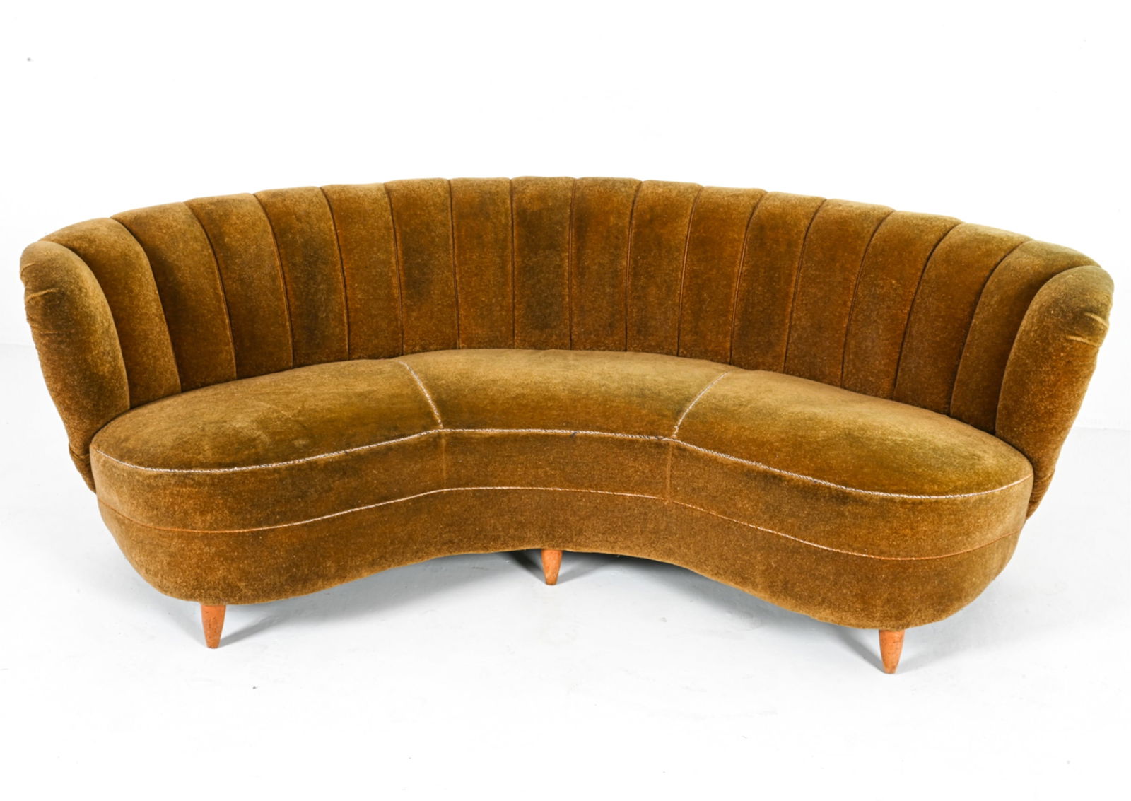 DUTCH MID-CENTURY BANANA SOFA C.1950'S: Dimensions: H 28" x W 83" x D 33" x SH 15.75". Condition: Slight odor, cleaning or reupholstery recommended. PG028