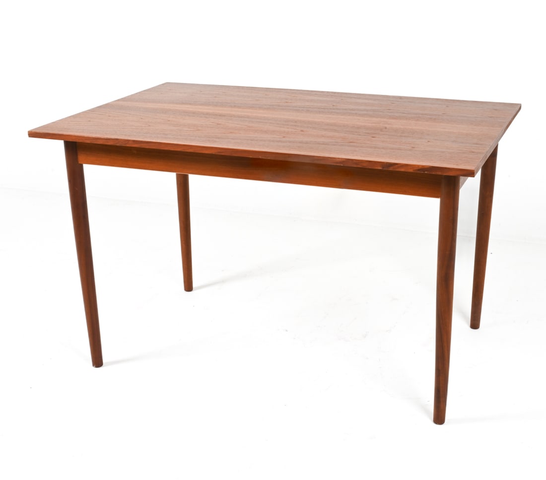 MID-CENTURY DUTCH TEAK DINGING TABLE C.1960'S: Top slides to allow for leaf. Tapered legs can be detached for ease of moving. Dimensions: H 29" x W 48" x 31.5". Condition: Leaf not included. Minor surface scratches on top, legs. PG100
