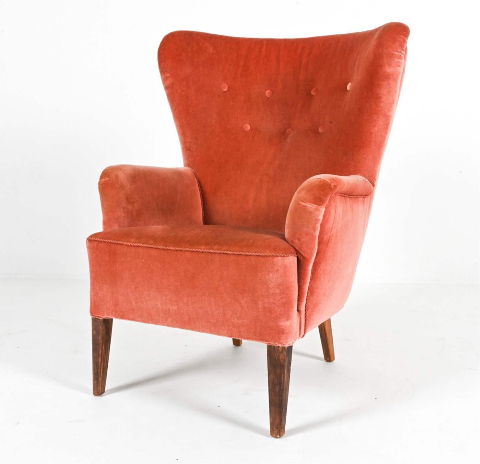MOHAIR ARM CHAIR BY ALFRED CHRISTENSEN C.1950'S: Dimensions: H 40.25" x W 30" x D 36.25" x SH 17.5". Condition: Some wear and fading to mohair. Wear consistent with age and use. PG019
