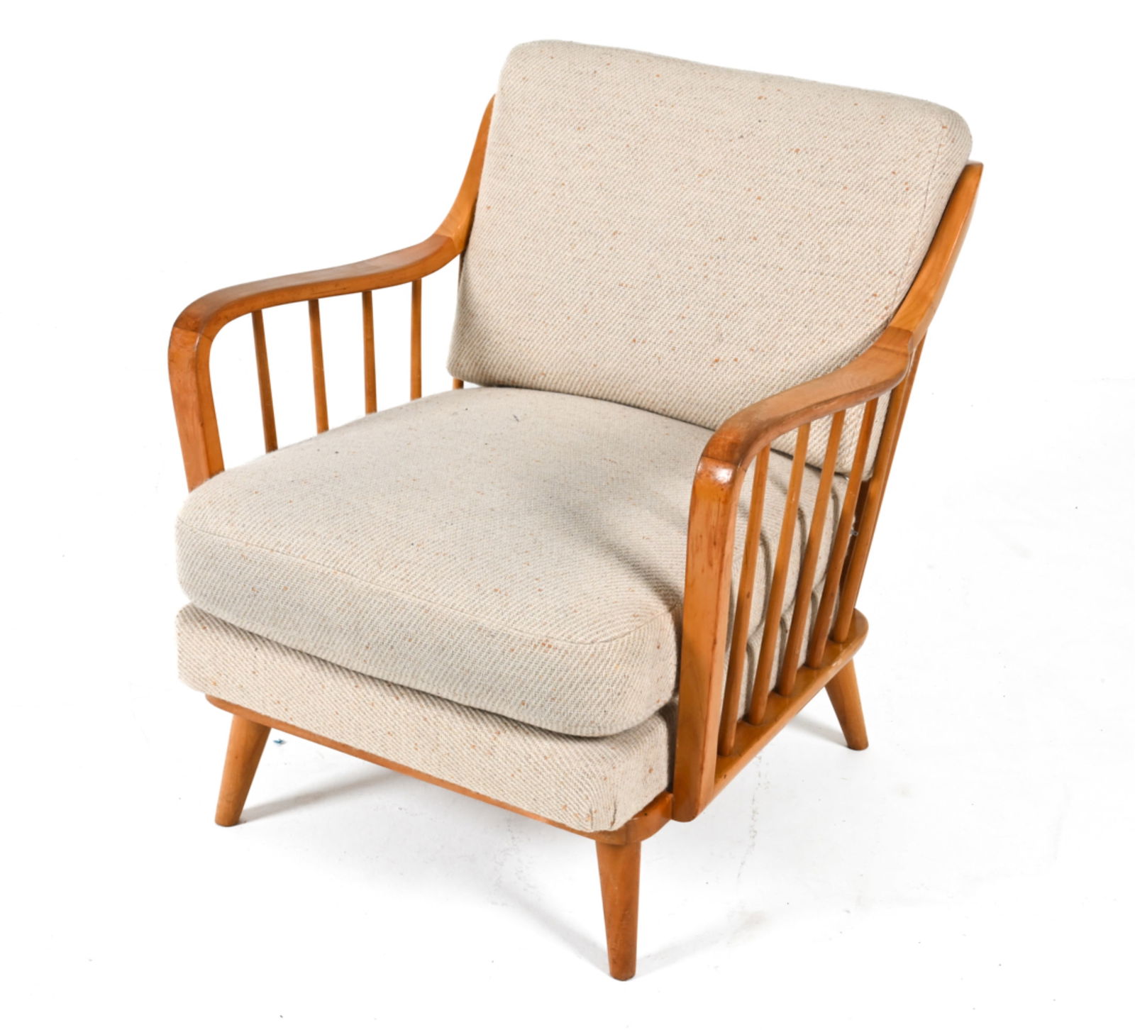 BEECH ARM CHAIR BY WILHELM KNOLL C.1960'S: With wool cushions and seat. Germany. Dimensions: H 32" x W 27.5" x D 26.5" x SH 16.75". Condition: Some wear to finish on arms. Wear consistent with age and use. PG124