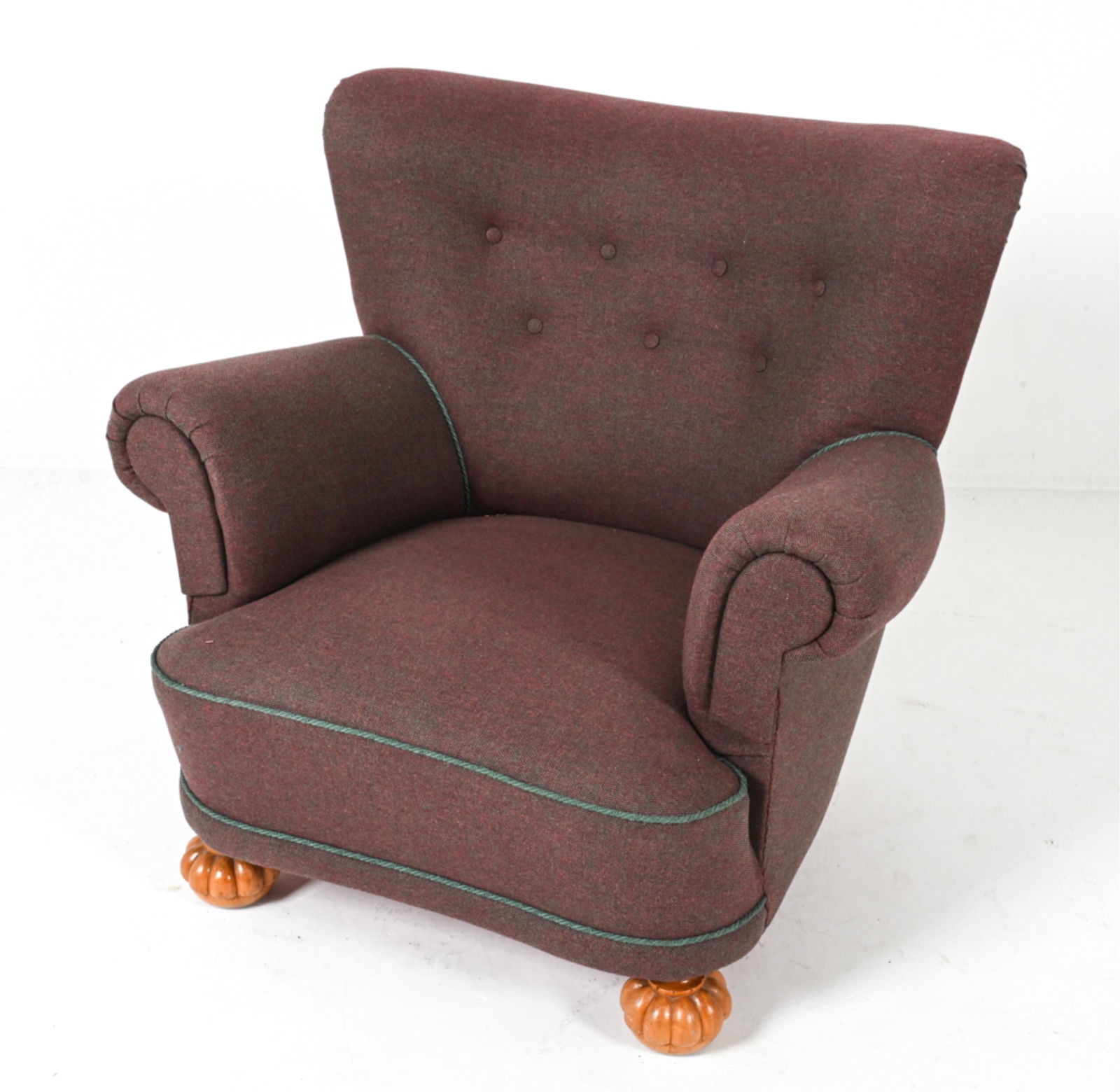 SWEDISH MODERN EASY CHAIR C.1930'S: Pine with sculptural feet. Dimensions: H 33.5" x W 36.25" x D 30" x SH 15". Condition: Some wear to fabric. Wear consistent with age and use. PG105