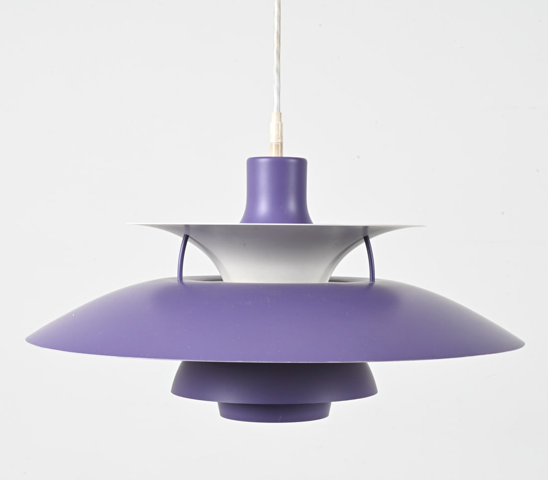 POUL HENNINGSEN FOR LOUIS POULSEN PH5 PENDANT: Labeled inside shade near socket. Denmark, c. Mid-20th Century. Dimensions: H 10.5" x Dia. 20".. Condition: Wire cut; no ceiling canopy present. Not tested. A few nicks to metal finish. Presents very 