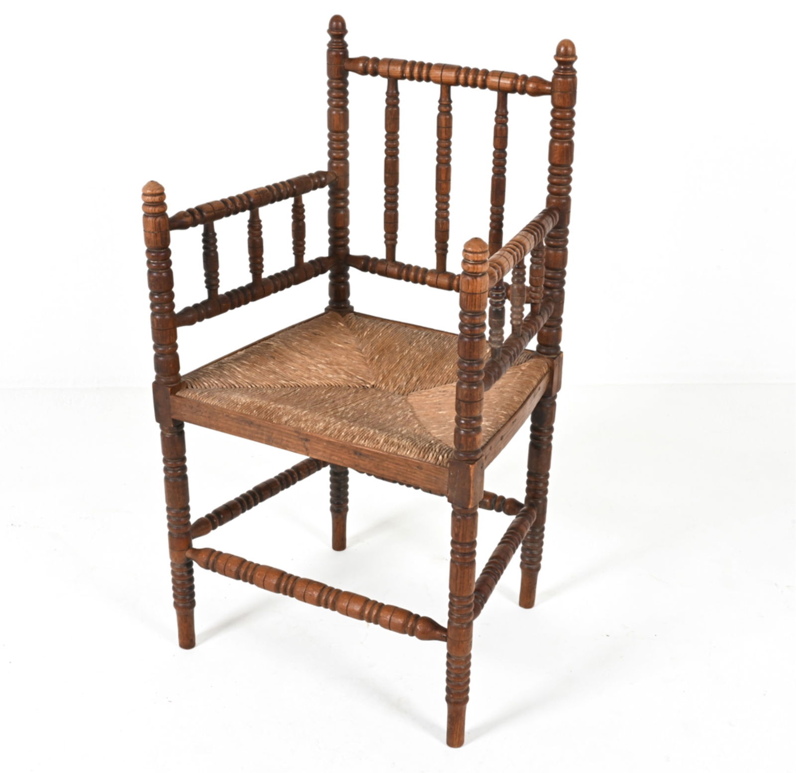 DUTCH OAK AND RUSH BOBBIN TURNED ARM CHAIR C.1920S (1 of 13)