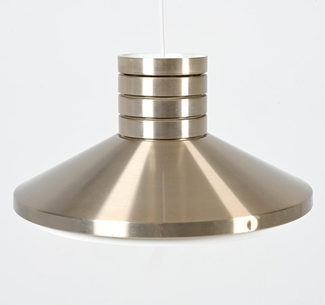 SWEDISH ALUMINUM PENDANT LAMP C.1970'S: Dimensions: H 8" x Dia. 14.5". Condition: Cords cut. Minor nicks to finish. PG172