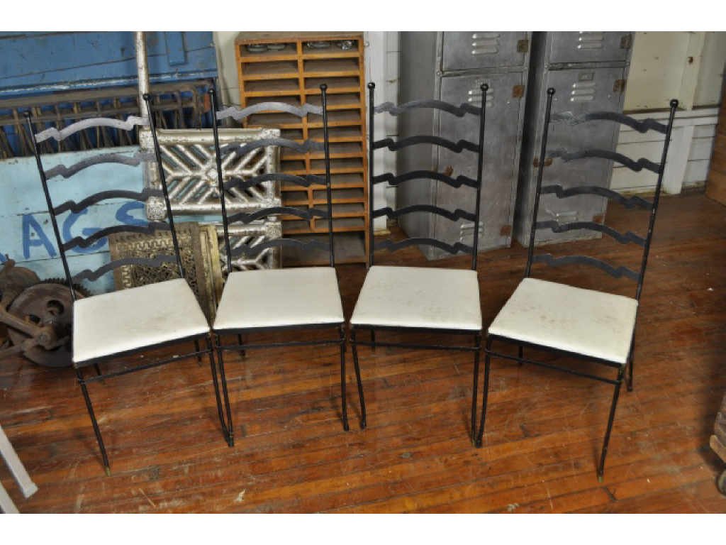 FOUR IRON LADDER BACK CHAIRS: 15" x 15" x 40"