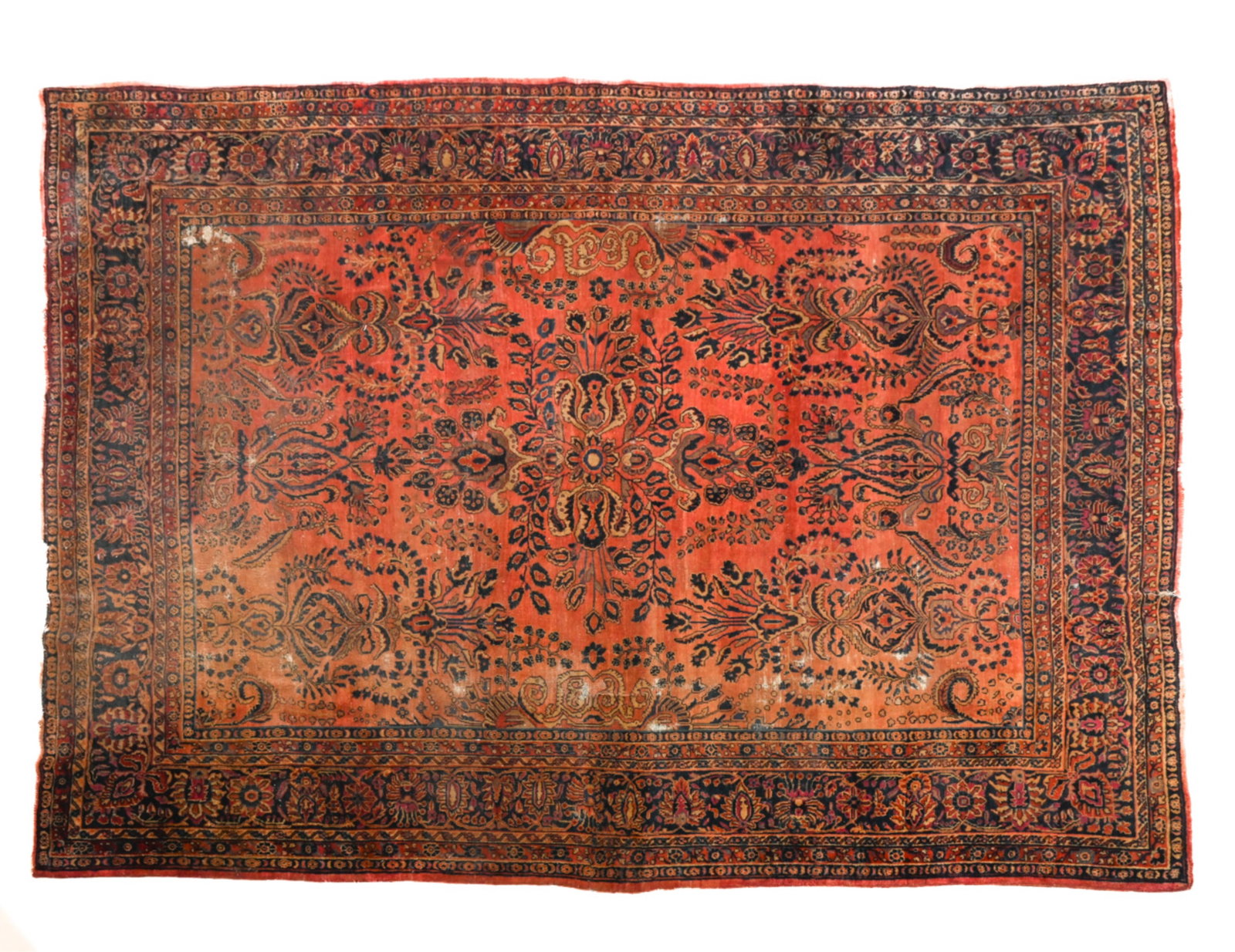 ANTIQUE LILIHAN PERSIAN RUG: Early 20th century. Dimensions: H 127" x W 109". Condition: Slight odor. Surface soiling, sun fading. Some wear spots and holes.