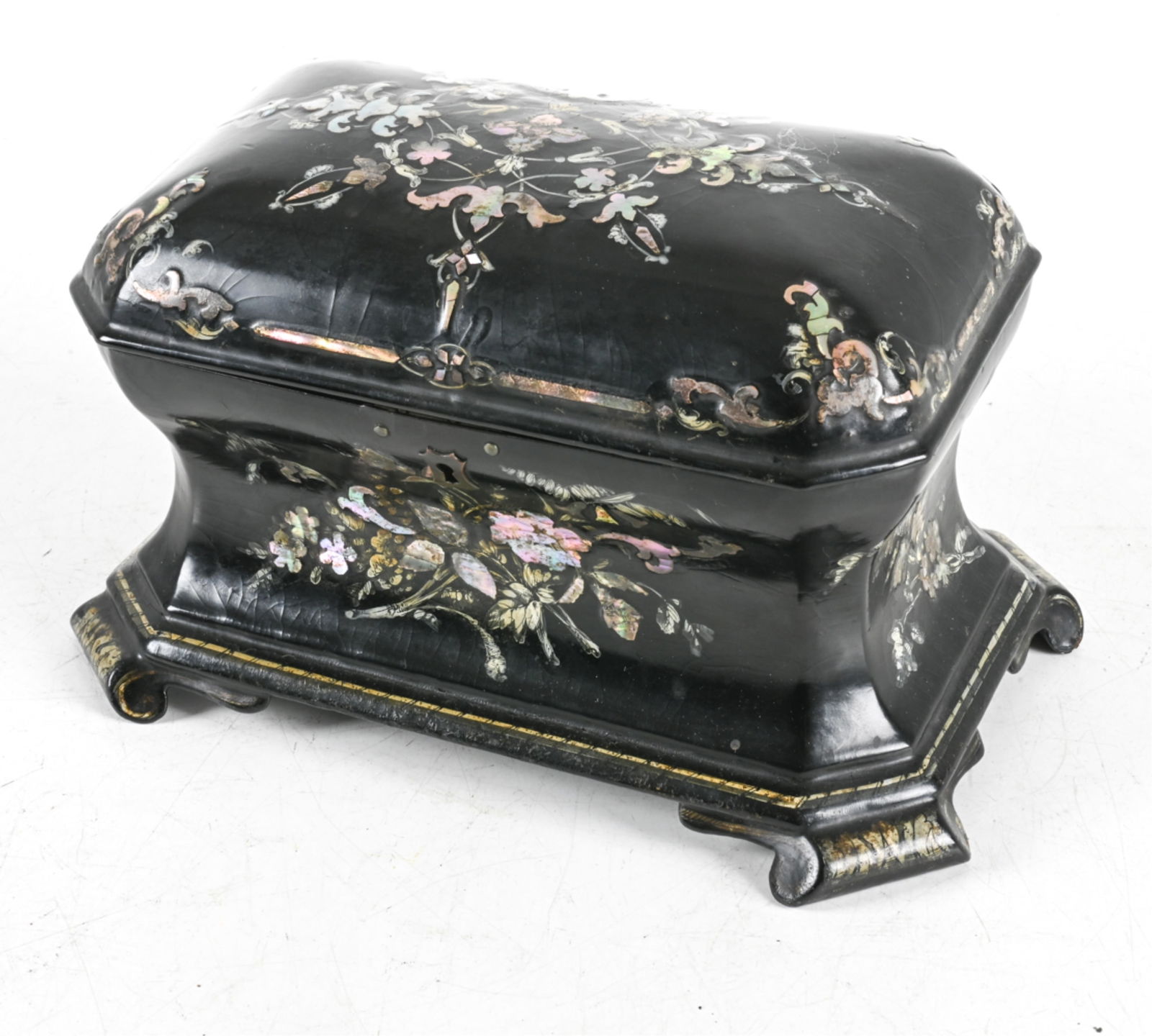 VICTORIAN PAPIER-MACHE LACQUER & ABALONE TEA CADDY (1 of 11)