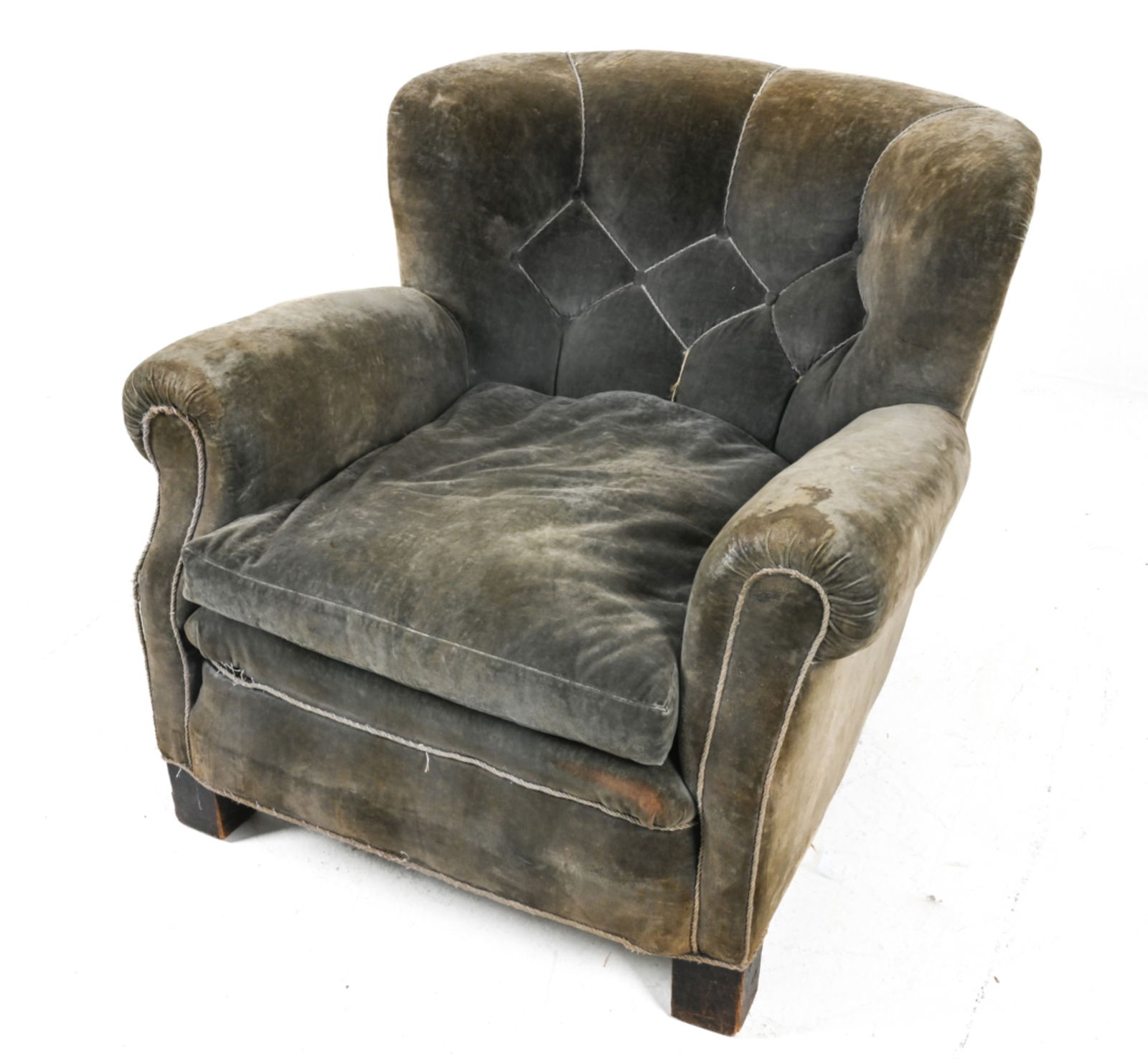 MANNER OF FRITZ HANSEN DANISH OVERSIZED CLUB CHAIR: Gray velvet upholstery, with diamond-tufted back. Legs appear to be oak or beech. Denmark, c. 1940's-1950's. Dimensions: H 29.5" x W 35.5" x D 38". SH (to cushion) 23". Condition: Great candidate for