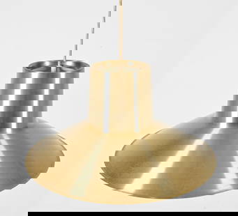 SPACE-AGE PENDANT LAMP BY SVEND MIDDELBOE: For Nordisk Solar. Gold-tone brass. Denmark, circa 1960's. Dimensions: H 10.5" x Dia. 19.25". Condition: Wiring untested, European plug, requires rewiring or adapter for use in the US. DMF140
