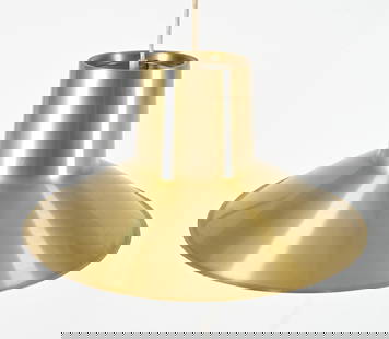 SPACE-AGE PENDANT LAMP BY SVEND MIDDELBOE: For Nordisk Solar. Gold-tone brass. Denmark, circa 1960's. Dimensions: H 10.5" x Dia. 19.25". Condition: Wiring untested, European plug, requires rewiring or adapter for use in the US. Minor scuffs to