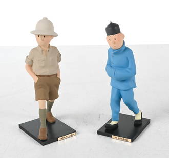(2) TINTIN FIGURES BY LEBLON DELIENNE: Includes Tintin au Congo and Tintin 'Lotus Bleu'. In original boxes with certificates of authenticity. Produced by Herge. Each figure numbered under base. France, Late 1980's or early 1990's. Dimensio