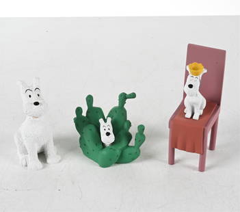(3) TINTIN FIGURINES BY LEBLON DELIENNE: For Herge. Grouping of (3) small figurines of Snowy the dog from Tintin. In original packaging and official cards printed by the artist. France, late 1980's or early 1990's. Dimensions: Largest H 5.25