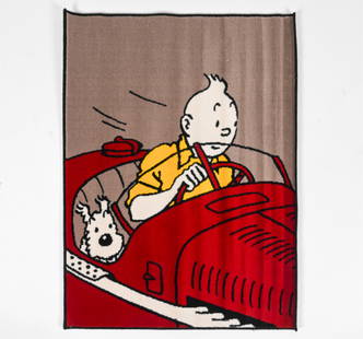 TINTIN RUG BY HERGE AXIS: Featuring Tintin and Snowy in a red car. 'Tintin Au Volant'. France, circa late 1980's early 1990's. Dimensions: H 51.5" x W 39". Condition: Very minor signs of wear, presents well overall.