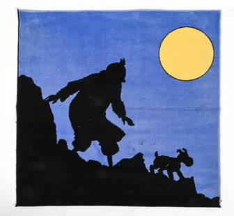 TINTIN RUG BY AXIS HERGE: Featuring Tintin, Snowy, and the moon. 'Ottakar's Sceptor'. Hand-knotted wool. France, circa 1995. Dimensions: H 52" x W 54". Condition: Small spots of discoloration, some wear.