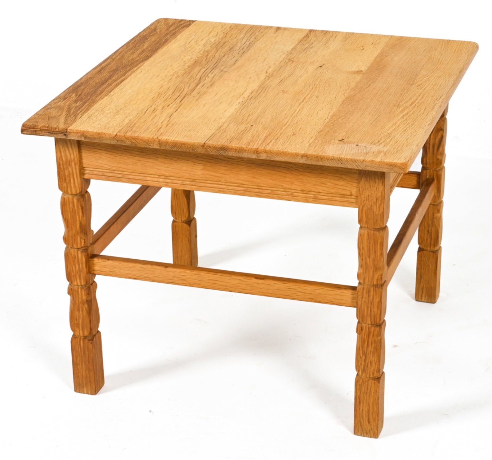 MANNER OF HENNING KJAERNULF OAK END TABLE: Scandinavian, c. 1970's. Dimensions: H 19" x W 23.5" x D 23.75". Condition: Uneven coloration to top. Light wear expected from age and use. C044