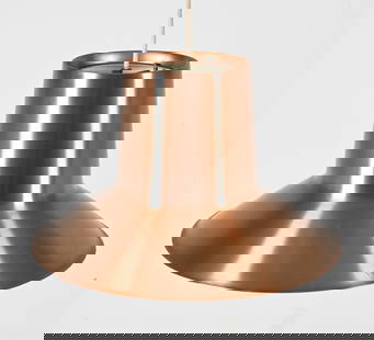 SPACE AGE PENDANT LAMP BY SVEND MIDDELBOE: Aluminum with copper finish. Produced by Nordisk Solar. Denmark, c. 1970's. Dimensions: H 8.5" x Dia. 14". Condition: No ceiling canopy present; possibly missing interior diffuser. Wiring not tested.