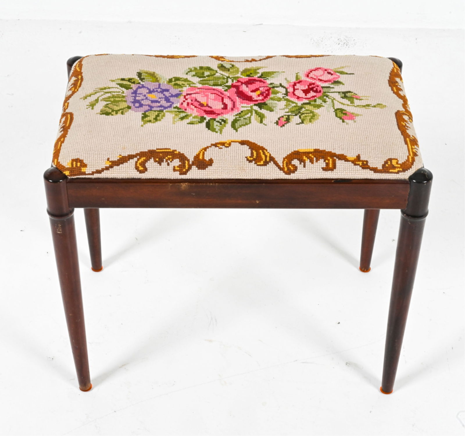 DANISH NEEDLEWORK PIANO STOOL: Mid- to Late 20th Century. Frame appears to be beech or birch wood. Dimensions: H 18" x W 20.5" x D 12.75". Condition: Scuffs, scrapes, dings to wood. DME 054