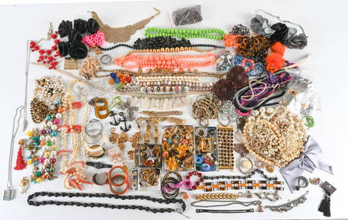 EXTENSIVE GROUPING OF VINTAGE COSTUME JEWELRY: Large estate collection of costume jewelry, findings, and accessories, with many signed pieces, including Agatha Paris, Kirks Folly, Castlecliff, Erwin Pearl, Coro, Gara Danielle, Lenora Dame, and mor