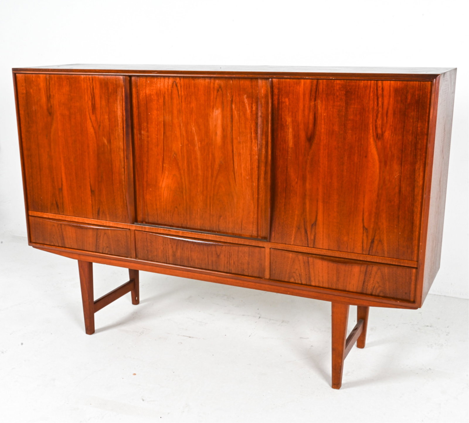 DANISH ROSEWOOD SIDEBOARD BY E.W. BACH, C. 1960S: For Sejling Skabe. Teak and Rosewood. With dry bar cabinet, backed by glass with frosted decoration. Adjustable shelves. Dimensions: H 44.5" x W 65" x D 17.75". Condition: Scuffs and scratches on top,
